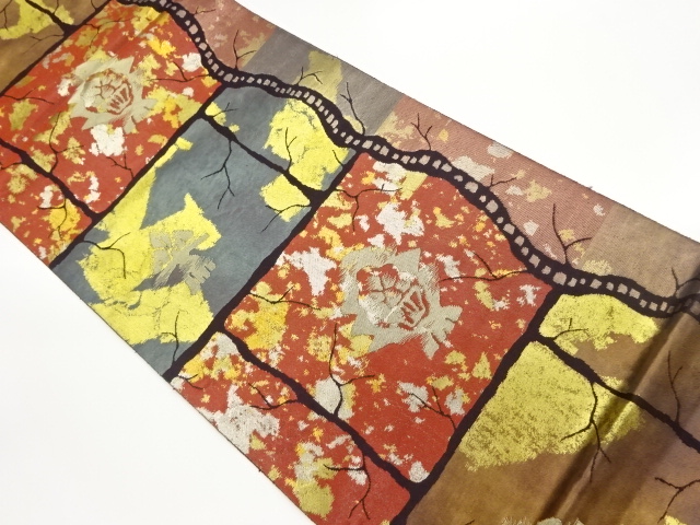 引箔破れ色紙に抽象草花模様織出し袋帯